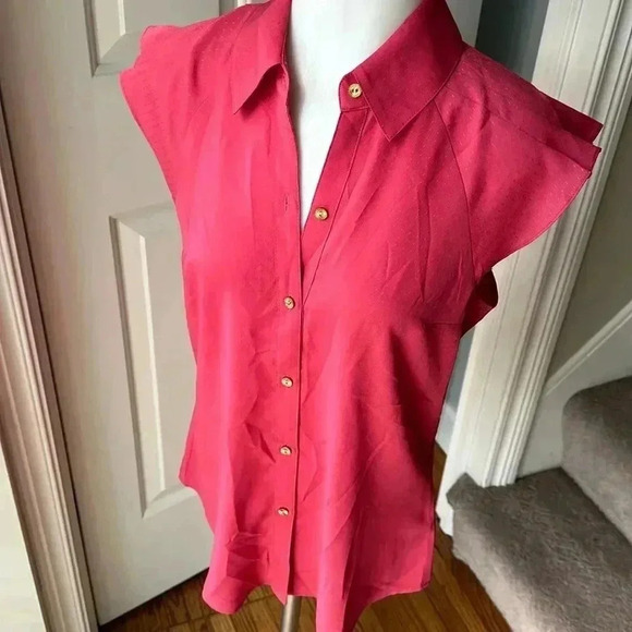 NWT size S salmon pink ruffle shoulder button up blouse w/gold buttons Express - Picture 1 of 6